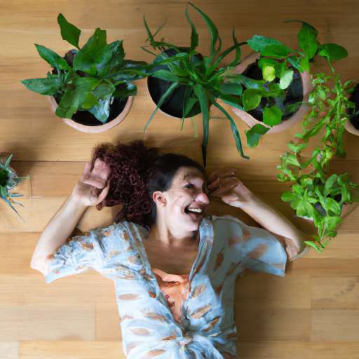 happy woman laying on a wooden floor, surrounded by plants in pots, view from above