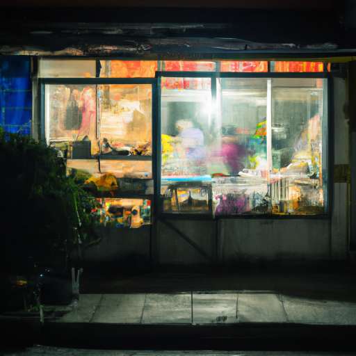 front of Chinese small local store full of products and customers. view from the other side of the busy road, during the night.