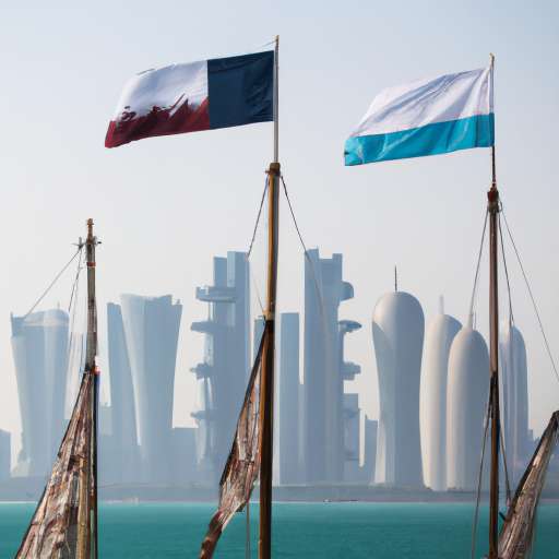 Boats showing the flags of Argentina and France, sail in front of the Doha skyline