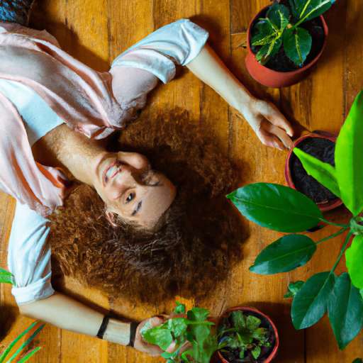 happy woman laying on a wooden floor, surrounded by plants in pots, view from above