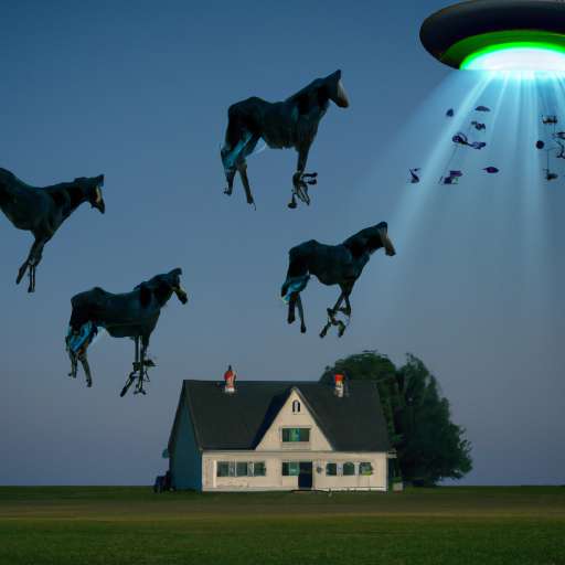 aliens inviding black house, horses flying around