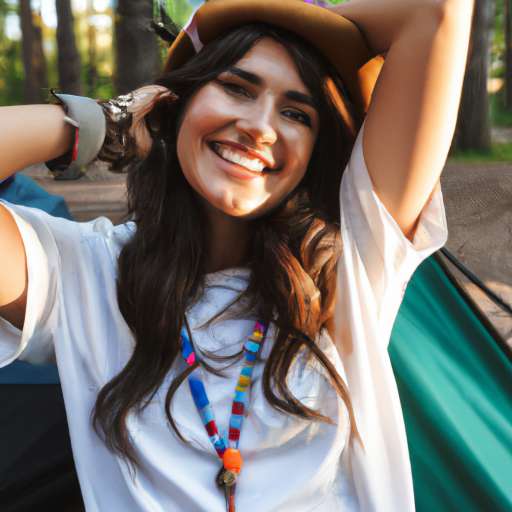 Image of amusing woman 20s wearing stylish accessories smiling while resting in forest camp