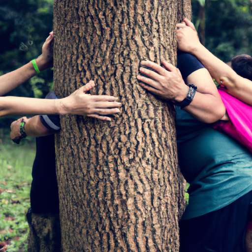 group of people hugging tree