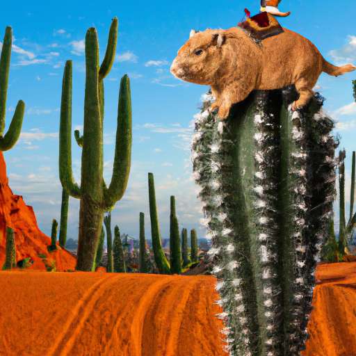 huge hamster riding on a bull, with desert cactai in the background