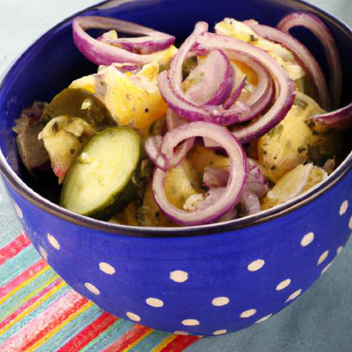 blue bowl full of potato salad with gherkins and red onion