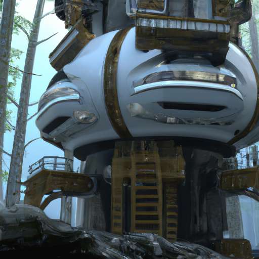 Shiny futurisic machine helps building water Tower in the jungle.