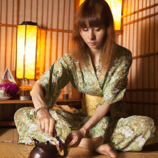 girl sitting On the floor and preparing tea in japanese style